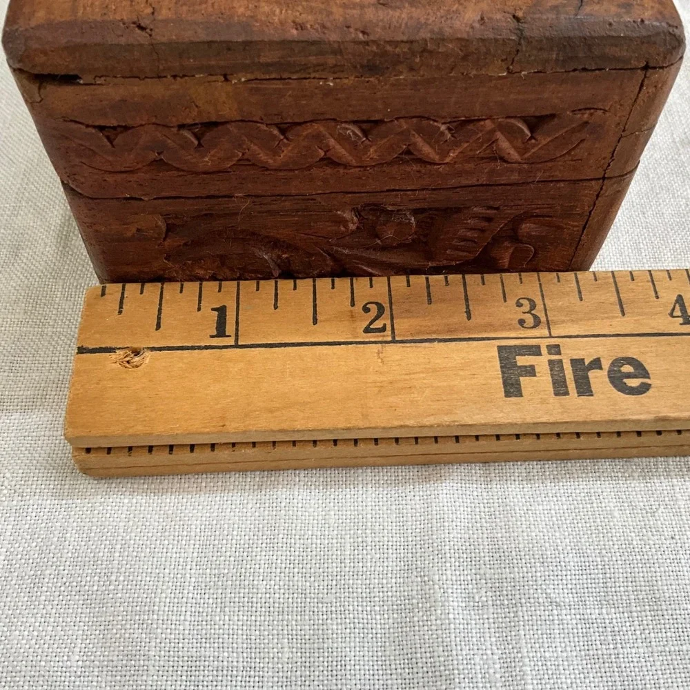 Hand Carved Wooden Jewelry Trinket Box Floral Vine Design Blue Velvet Lining